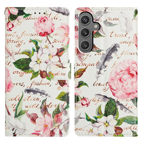 For Samsung Galaxy A15 5G Case Pattern Printing Wallet Stand Flip Leather Phone Cover - Green Leaves Flowers - 1