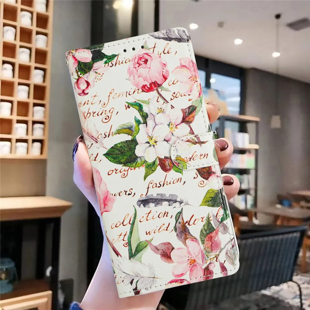 For Samsung Galaxy A15 5G Case Pattern Printing Wallet Stand Flip Leather Phone Cover - Green Leaves Flowers - 6