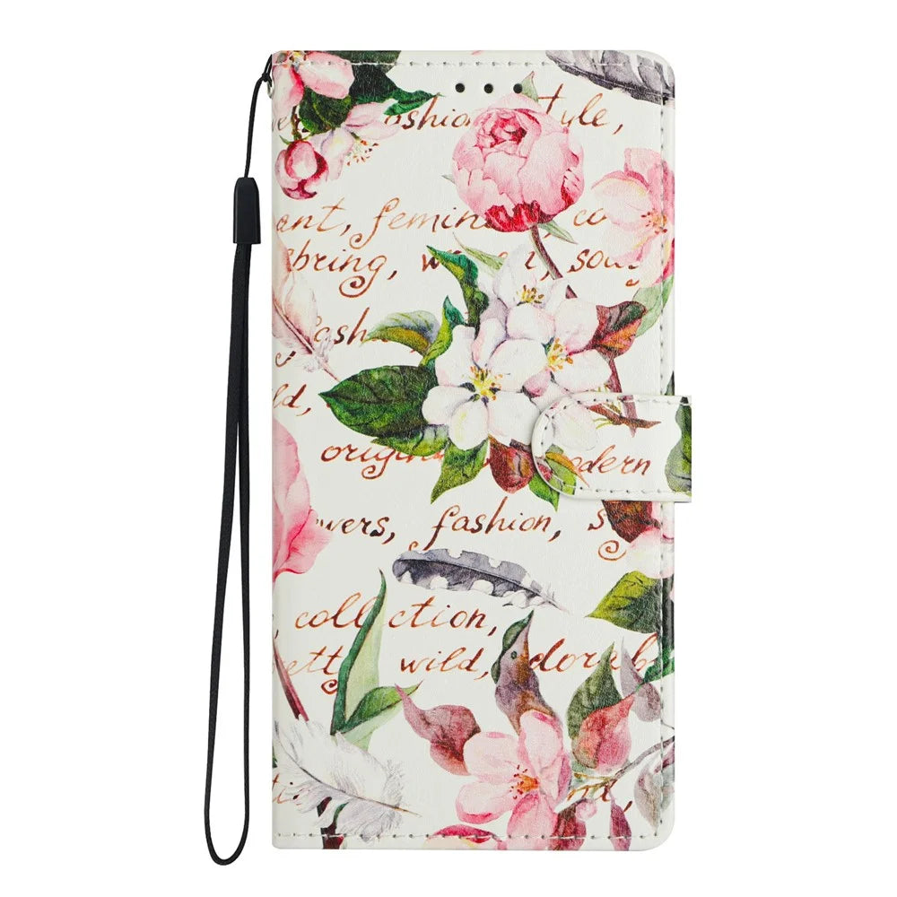 For Samsung Galaxy A15 5G Case Pattern Printing Wallet Stand Flip Leather Phone Cover - Green Leaves Flowers - 7