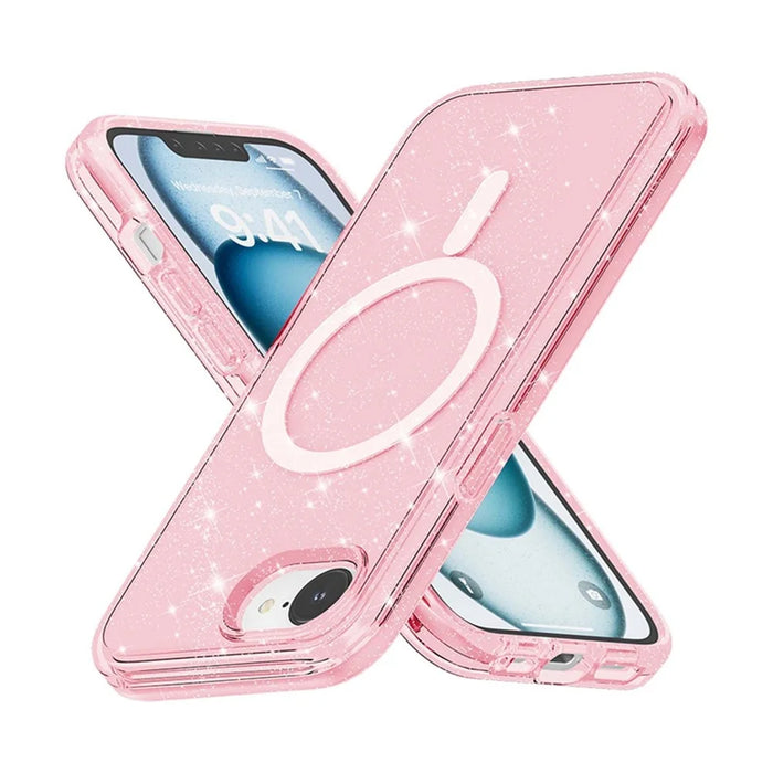 For iPhone 17e / 16e Magnetic Case Support Wireless Charging Glitter Powder PC + TPU Phone Cover - Pink - 2