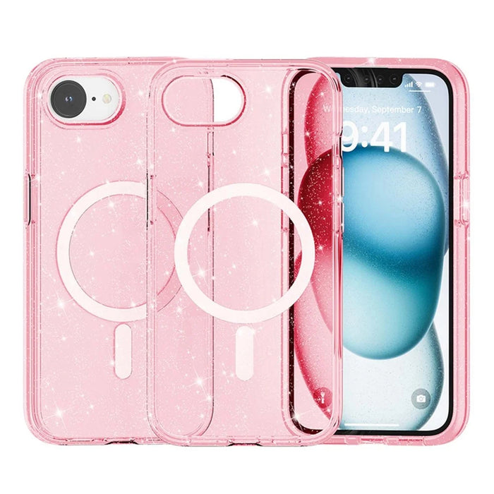 For iPhone 17e / 16e Magnetic Case Support Wireless Charging Glitter Powder PC + TPU Phone Cover - Pink - 5
