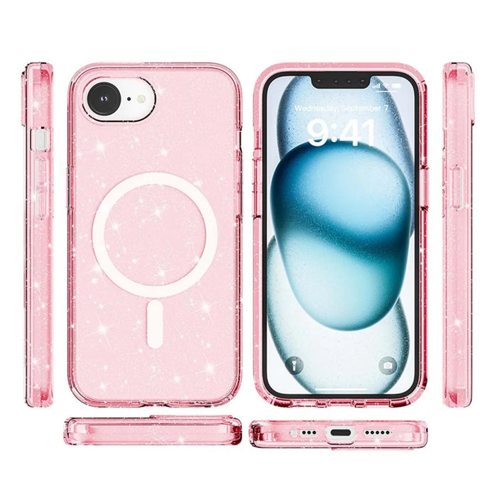 For iPhone 17e / 16e Magnetic Case Support Wireless Charging Glitter Powder PC + TPU Phone Cover - Pink - 6