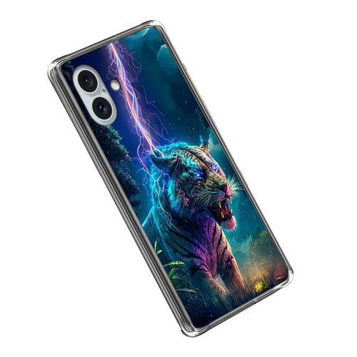 For iPhone 16 Plus Case IMD Pattern Printed Shockproof TPU Phone Cover - Lightning Tiger - 1