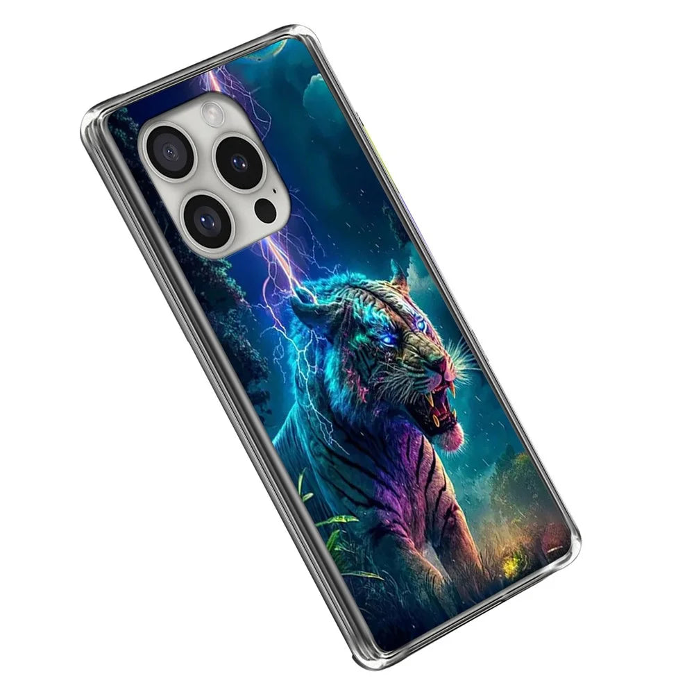 For iPhone 16 Pro Max Case IMD Pattern Printed Shockproof TPU Phone Cover - Lightning Tiger - 1