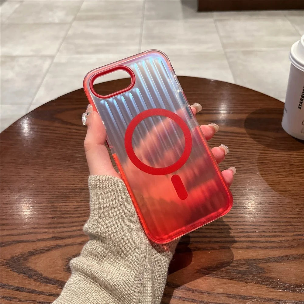 For iPhone 17e / 16e Magnetic Case Corrugated Design Gradient Shockproof Phone Cover - Red - 1