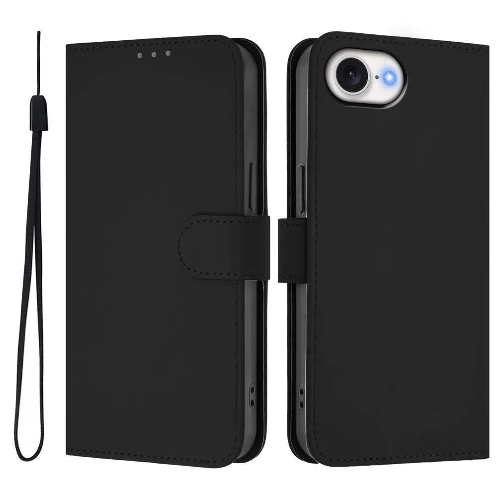 For iPhone 17e / 16e Case Solid Color Wallet Leather Phone Cover with Strap - Black - 1