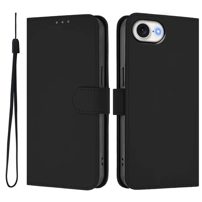 For iPhone 17e / 16e Case Solid Color Wallet Leather Phone Cover with Strap - Black - 1
