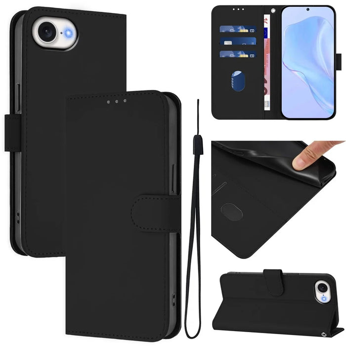 For iPhone 17e / 16e Case Solid Color Wallet Leather Phone Cover with Strap - Black - 2