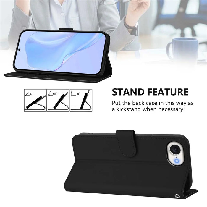 For iPhone 17e / 16e Case Solid Color Wallet Leather Phone Cover with Strap - Black - 3