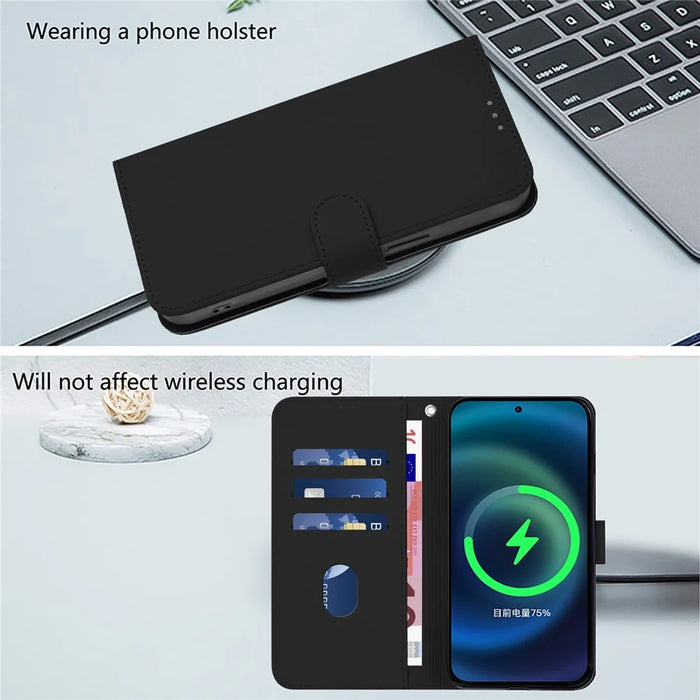 For iPhone 17e / 16e Case Solid Color Wallet Leather Phone Cover with Strap - Black - 6