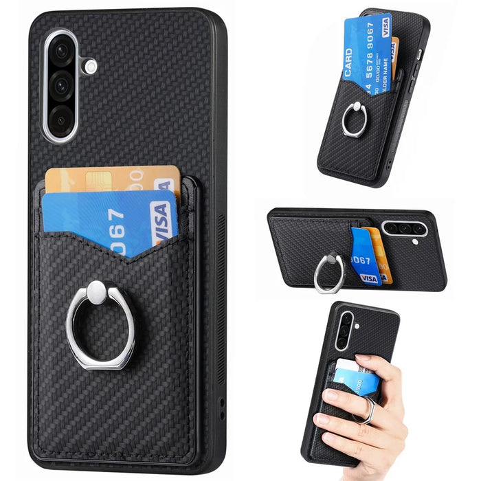 For Samsung Galaxy A36 5G Case Card Slots Ring Holder Kickstand Phone Cover - Black - 1
