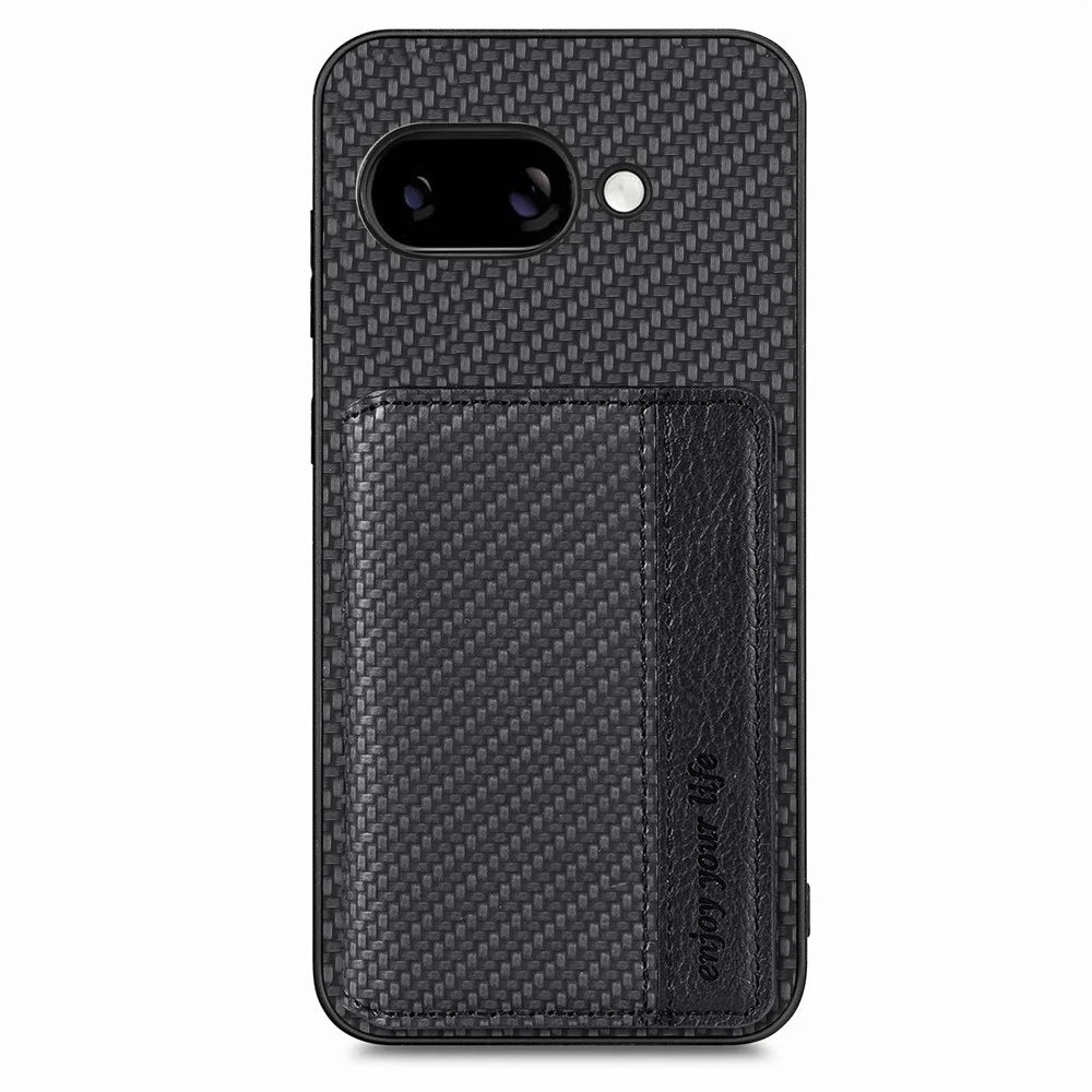 For Google Pixel 9a Case RFID Blocking Carbon Fiber Leather Phone Back Cover with Card Holder - Black - 1
