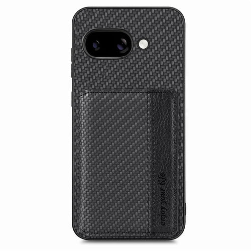 For Google Pixel 9a Case RFID Blocking Carbon Fiber Leather Phone Back Cover with Card Holder - Black - 1