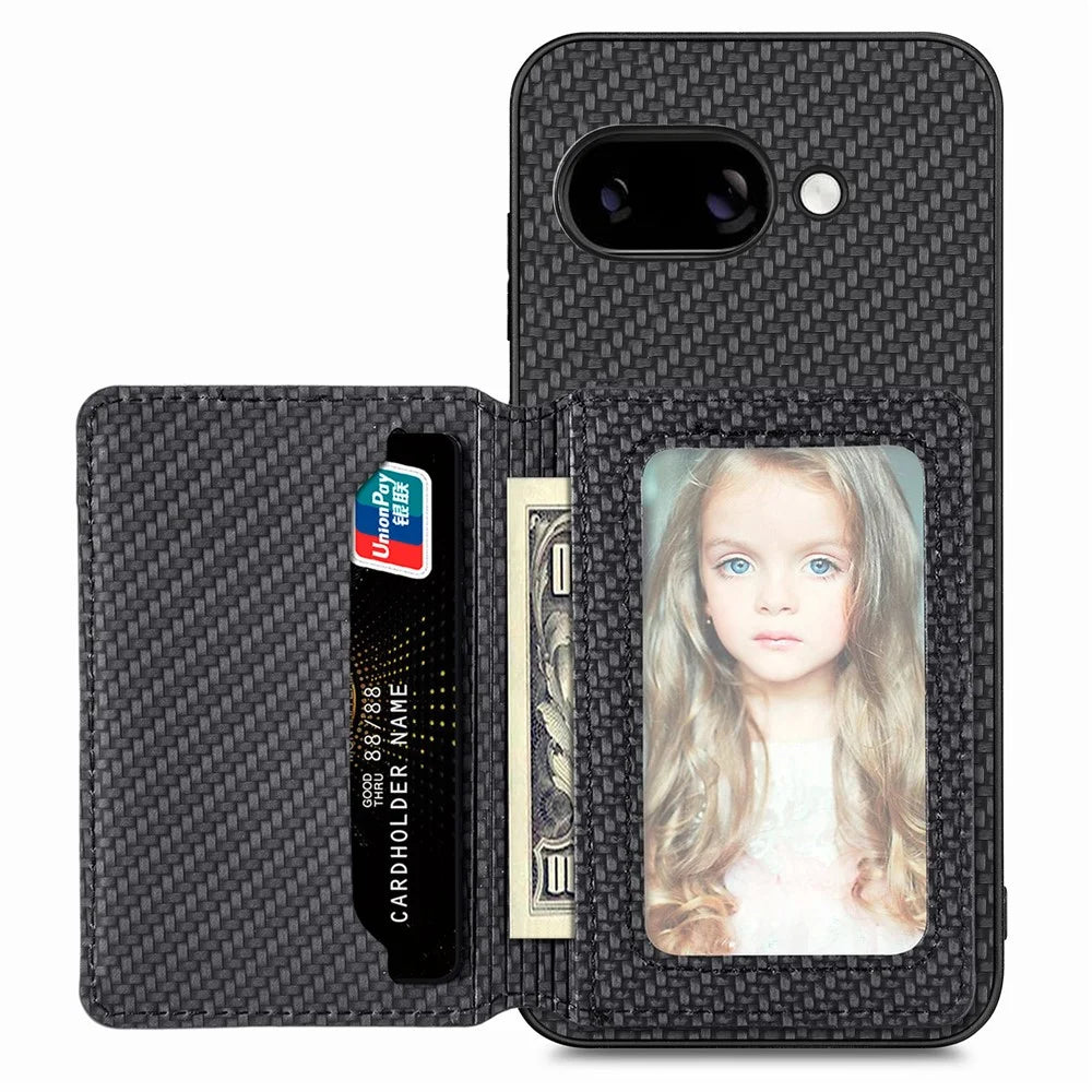 For Google Pixel 9a Case RFID Blocking Carbon Fiber Leather Phone Back Cover with Card Holder - Black - 2