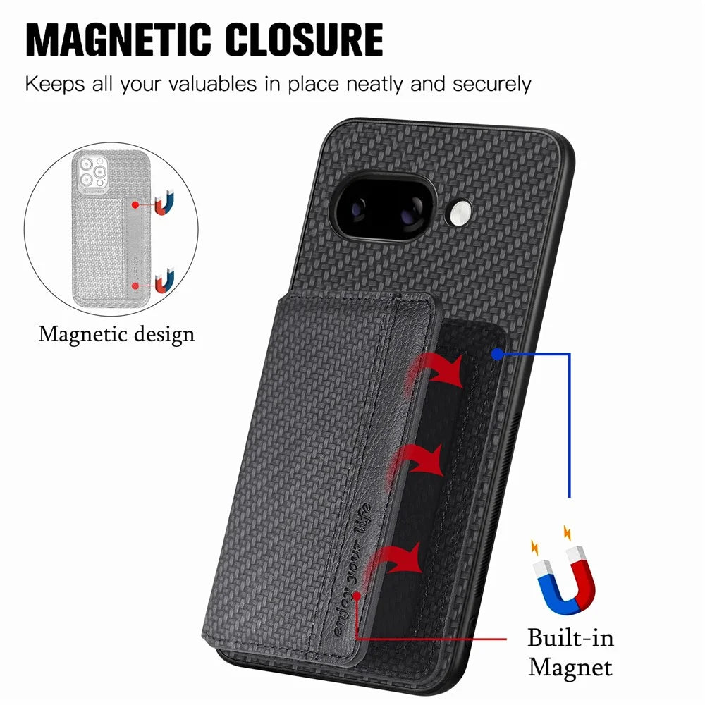 For Google Pixel 9a Case RFID Blocking Carbon Fiber Leather Phone Back Cover with Card Holder - Black - 3