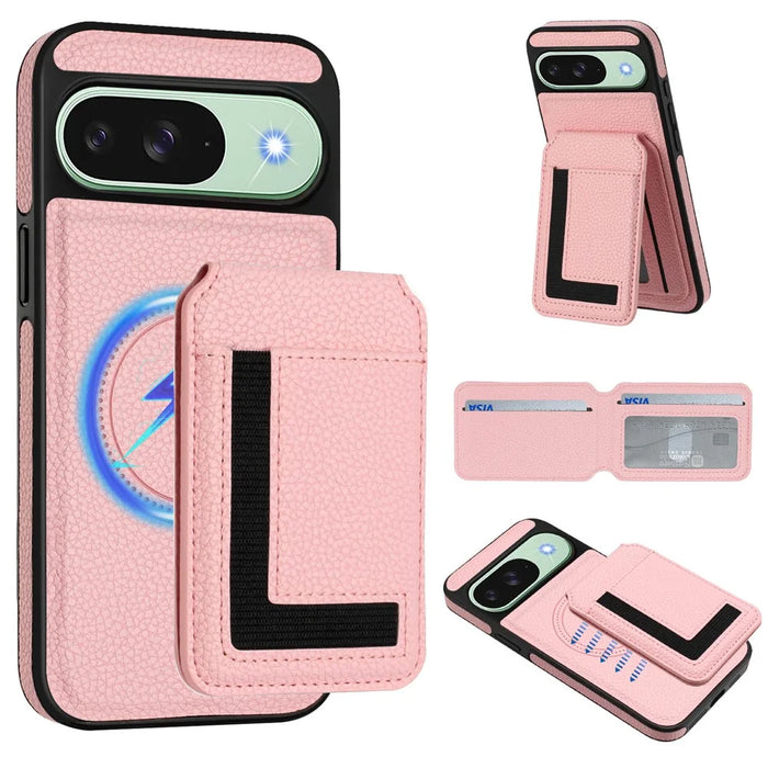 For Google Pixel 9 Pro / Google Pixel 9 Magnetic Case TPU + PU Leather Phone Back Cover with Detachable Card Holder - Pink - 2