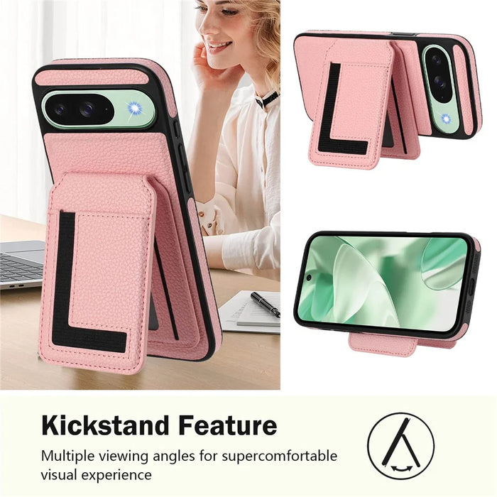 For Google Pixel 9 Pro / Google Pixel 9 Magnetic Case TPU + PU Leather Phone Back Cover with Detachable Card Holder - Pink - 3