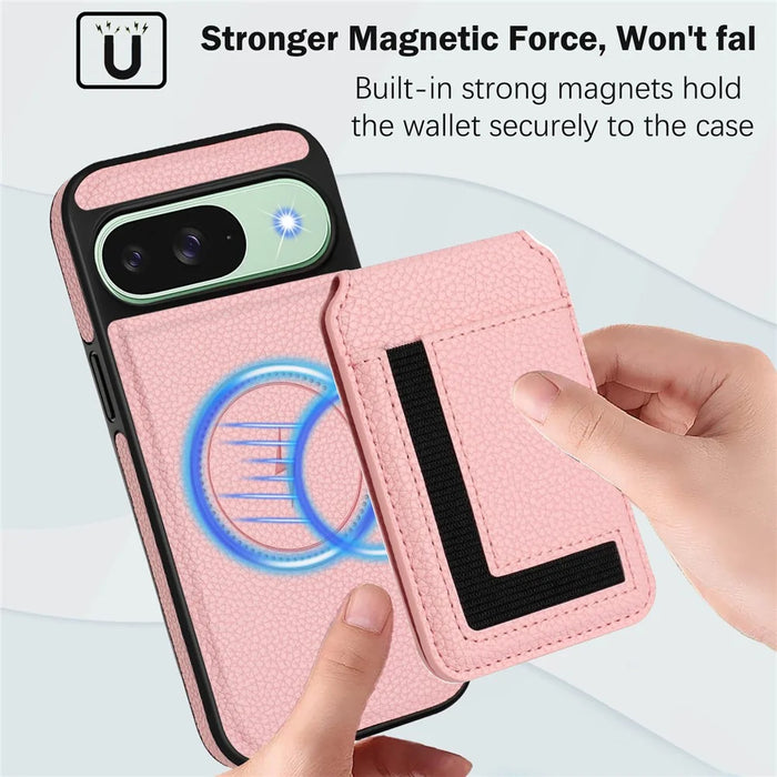 For Google Pixel 9 Pro / Google Pixel 9 Magnetic Case TPU + PU Leather Phone Back Cover with Detachable Card Holder - Pink - 4