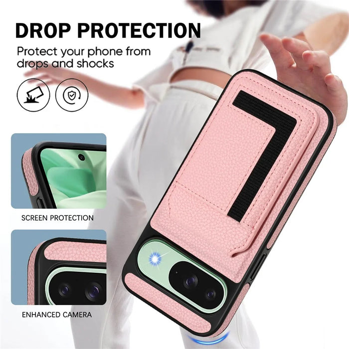 For Google Pixel 9 Pro / Google Pixel 9 Magnetic Case TPU + PU Leather Phone Back Cover with Detachable Card Holder - Pink - 6