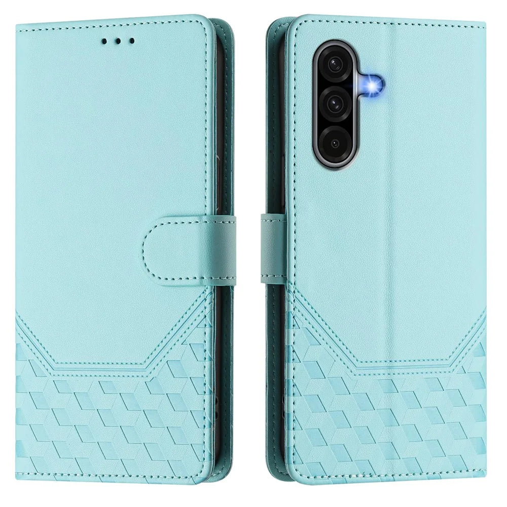 For Samsung Galaxy A37 5G / A56 5G / A36 5G Case Imprinted Honeycomb RFID Blocking Leather Phone Cover with Strap - Mint Green - 1