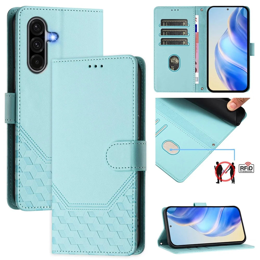 For Samsung Galaxy A37 5G / A56 5G / A36 5G Case Imprinted Honeycomb RFID Blocking Leather Phone Cover with Strap - Mint Green - 2