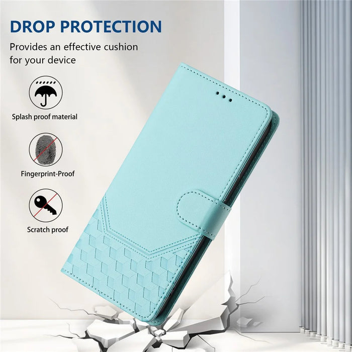 For Samsung Galaxy S25 Edge Case Imprinted Honeycomb RFID Blocking Leather Phone Cover with Strap - Mint Green - 5