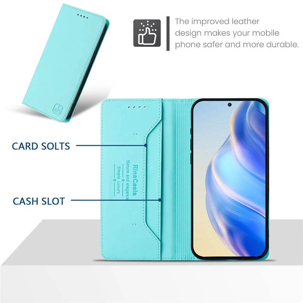 For Samsung Galaxy A35 5G Leather Case RINACASIS RC01 Phone Cover with RFID Blocking Wallet Stand - Mint Green - 5
