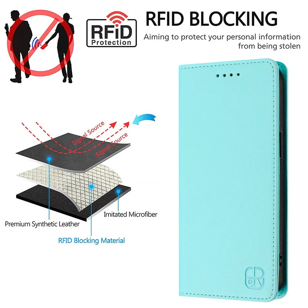 For Samsung Galaxy A35 5G Leather Case RINACASIS RC01 Phone Cover with RFID Blocking Wallet Stand - Mint Green - 7