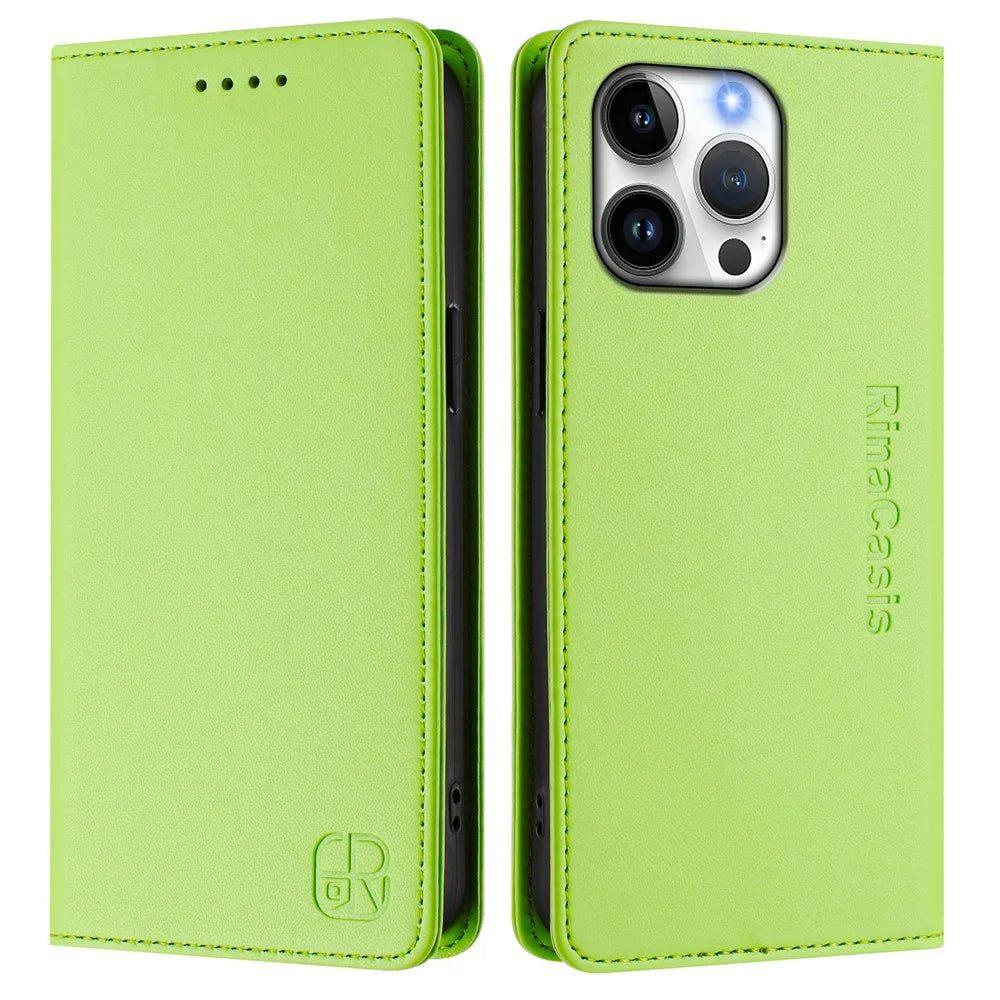 For iPhone 16 Pro Max Leather Case RINACASIS RC01 Phone Cover with RFID Blocking Wallet Stand - Green - 1