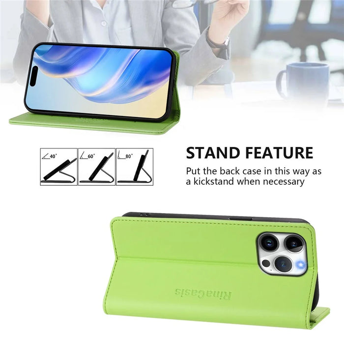 For iPhone 16 Pro Max Leather Case RINACASIS RC01 Phone Cover with RFID Blocking Wallet Stand - Green - 3