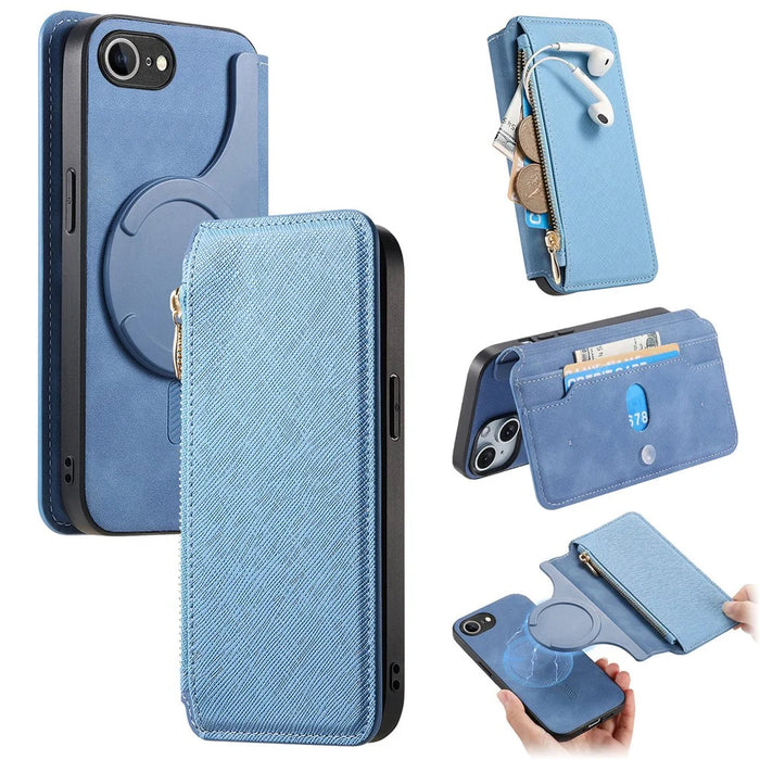 For iPhone 17e / 16e Leather Case Cross Texture Detachable Magnetic Phone Cover Wallet Stand - Blue - 1