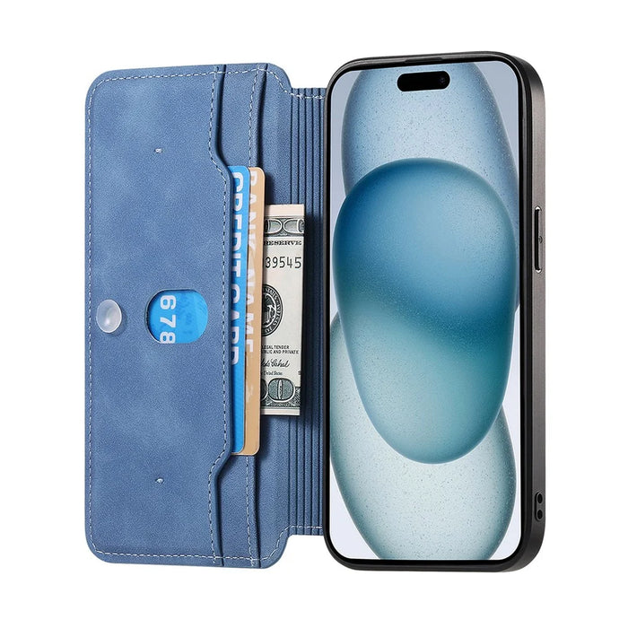 For iPhone 17e / 16e Leather Case Cross Texture Detachable Magnetic Phone Cover Wallet Stand - Blue - 5