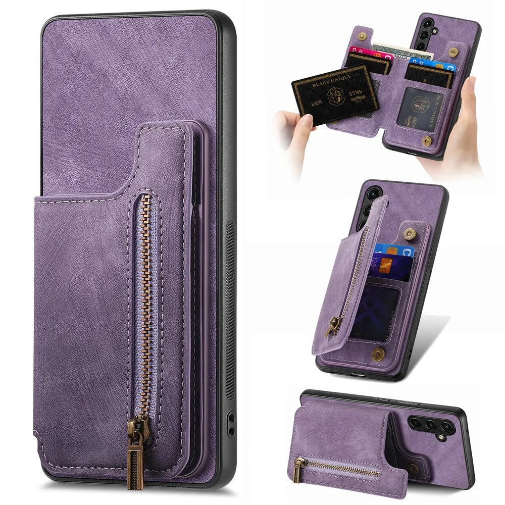 For Google Pixel 9a Case with Zipper Card Holder Retro Leather TPU Phone Cover - Purple - 1