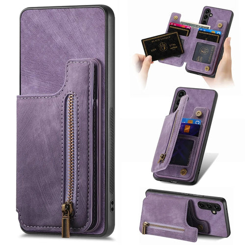 For Google Pixel 9a Case with Zipper Card Holder Retro Leather TPU Phone Cover - Purple - 1