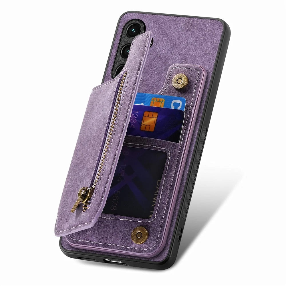 For Google Pixel 9a Case with Zipper Card Holder Retro Leather TPU Phone Cover - Purple - 4