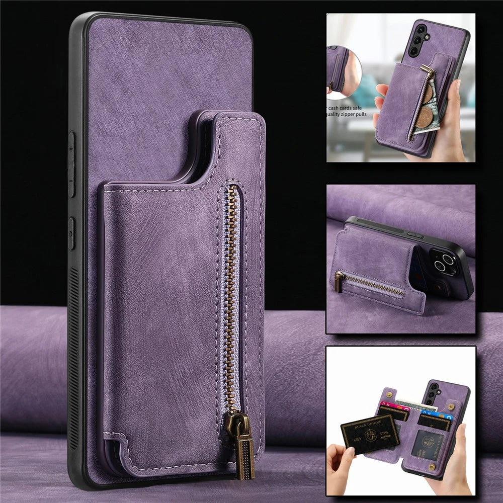 For Google Pixel 9a Case with Zipper Card Holder Retro Leather TPU Phone Cover - Purple - 6