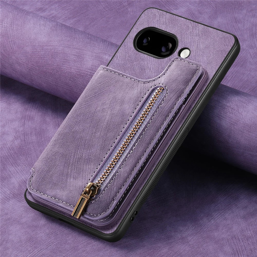 For Google Pixel 9a Case with Zipper Card Holder Retro Leather TPU Phone Cover - Purple - 7