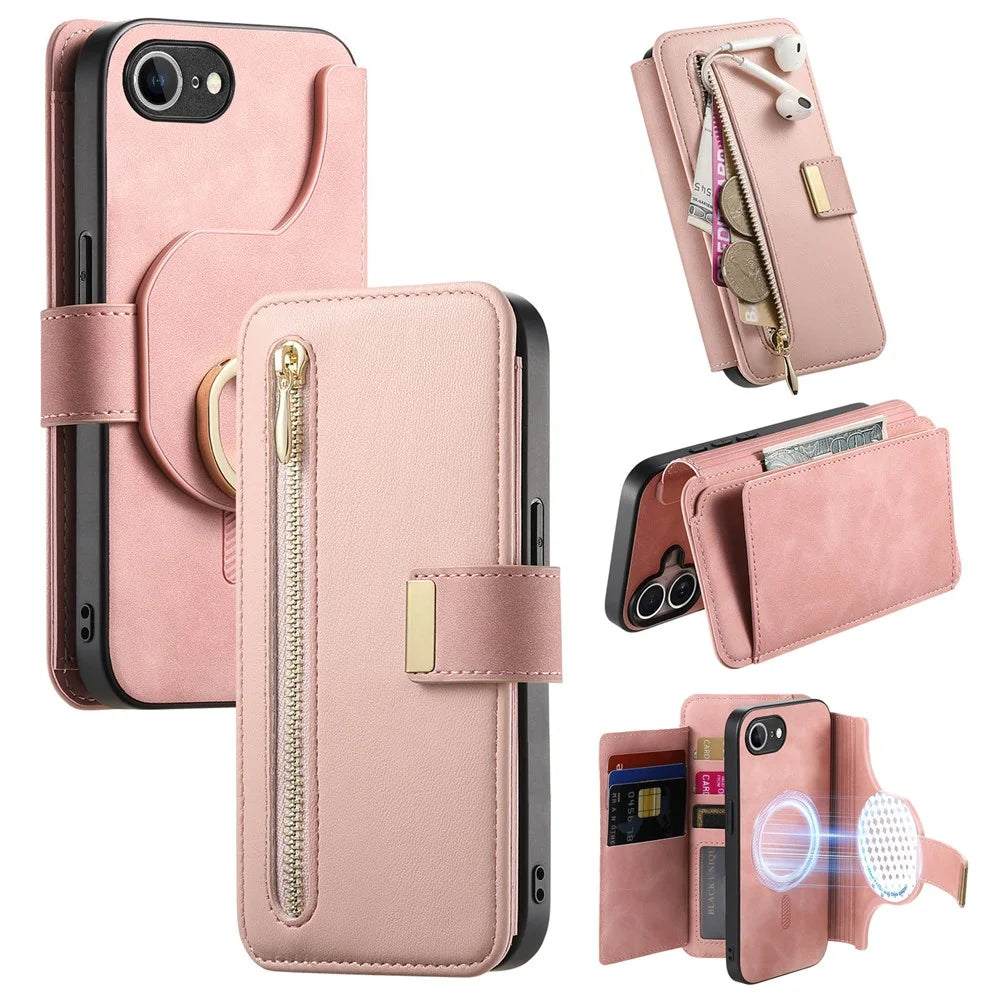 For iPhone 17e / 16e Magnetic Leather Case with Detachable RFID Blocking Zipper Wallet Cover - Pink - 1