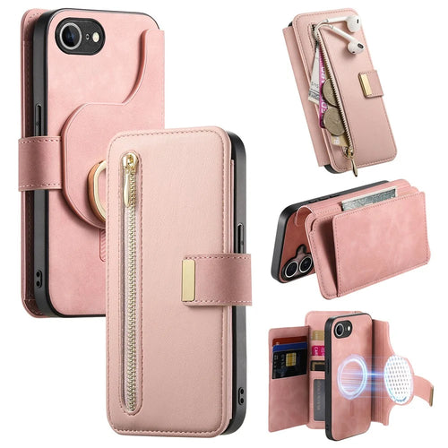 For iPhone 17e / 16e Magnetic Leather Case with Detachable RFID Blocking Zipper Wallet Cover - Pink - 1