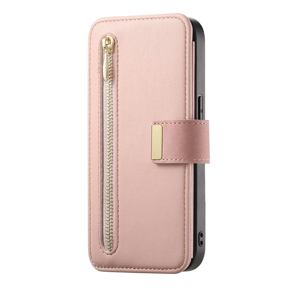 For iPhone 17e / 16e Magnetic Leather Case with Detachable RFID Blocking Zipper Wallet Cover - Pink - 2