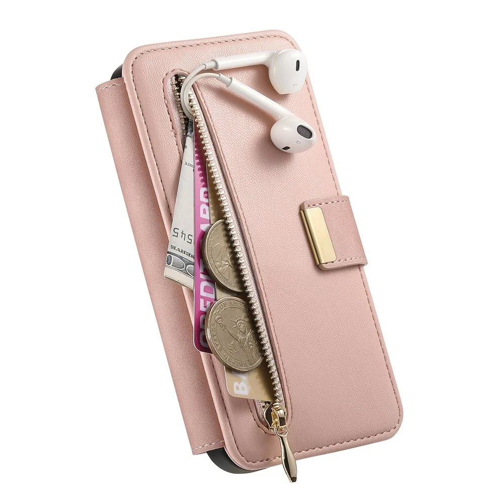 For iPhone 17e / 16e Magnetic Leather Case with Detachable RFID Blocking Zipper Wallet Cover - Pink - 7