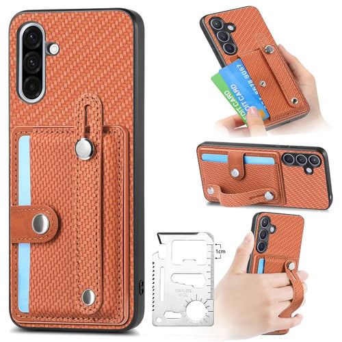 For Samsung Galaxy A36 5G Case Carbon Fiber Texture Leather Phone Back Cover with Card Holder - Brown - 1