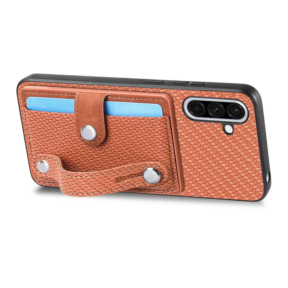 For Samsung Galaxy A36 5G Case Carbon Fiber Texture Leather Phone Back Cover with Card Holder - Brown - 3