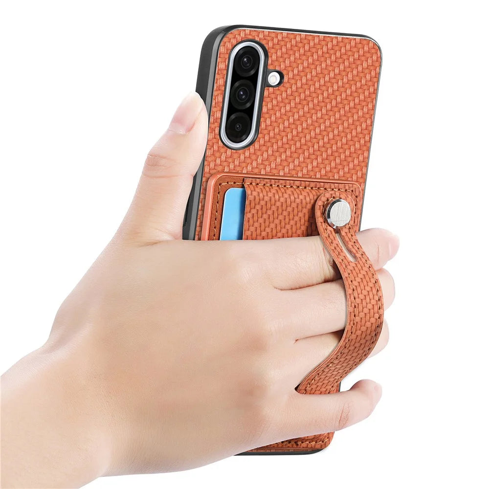For Samsung Galaxy A36 5G Case Carbon Fiber Texture Leather Phone Back Cover with Card Holder - Brown - 4