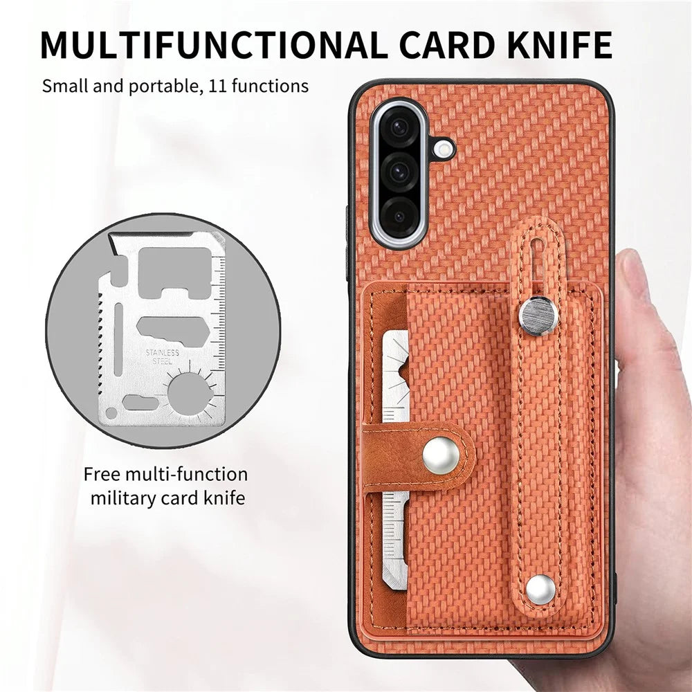 For Samsung Galaxy A36 5G Case Carbon Fiber Texture Leather Phone Back Cover with Card Holder - Brown - 5