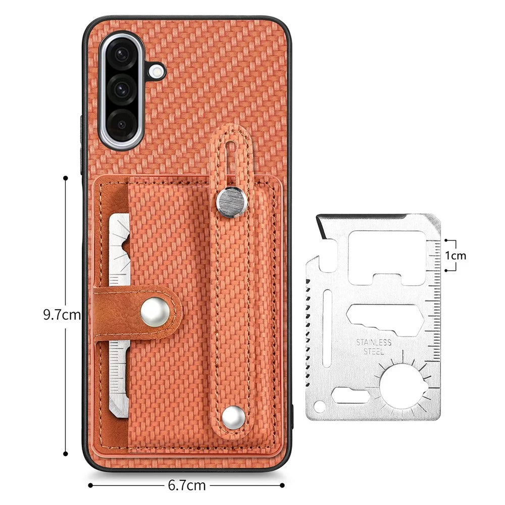 For Samsung Galaxy A36 5G Case Carbon Fiber Texture Leather Phone Back Cover with Card Holder - Brown - 6