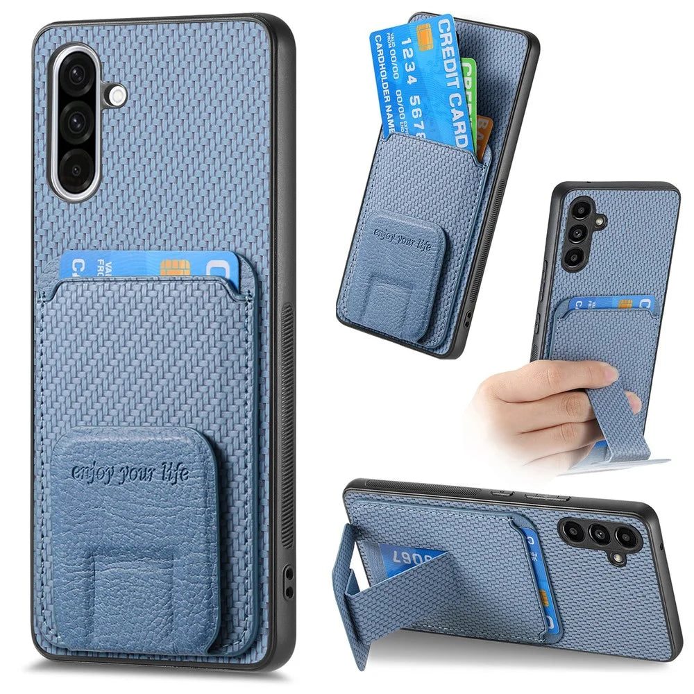 For Samsung Galaxy A36 5G Case Card Holder Carbon Fiber Texture Leather Coated TPU Phone Cover - Blue - 1