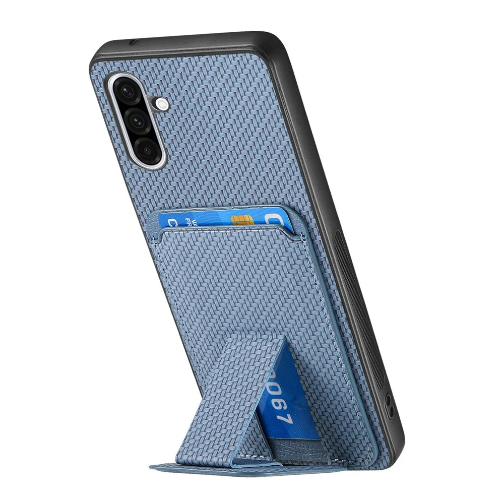 For Samsung Galaxy A36 5G Case Card Holder Carbon Fiber Texture Leather Coated TPU Phone Cover - Blue - 3