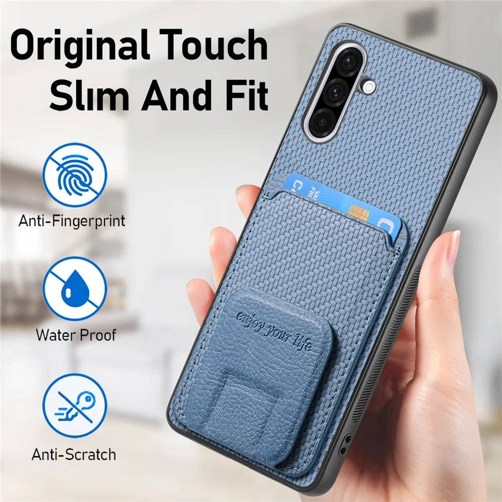 For Samsung Galaxy A36 5G Case Card Holder Carbon Fiber Texture Leather Coated TPU Phone Cover - Blue - 5
