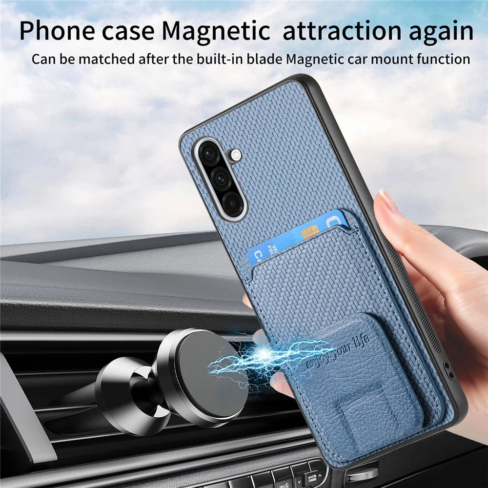 For Samsung Galaxy A36 5G Case Card Holder Carbon Fiber Texture Leather Coated TPU Phone Cover - Blue - 6